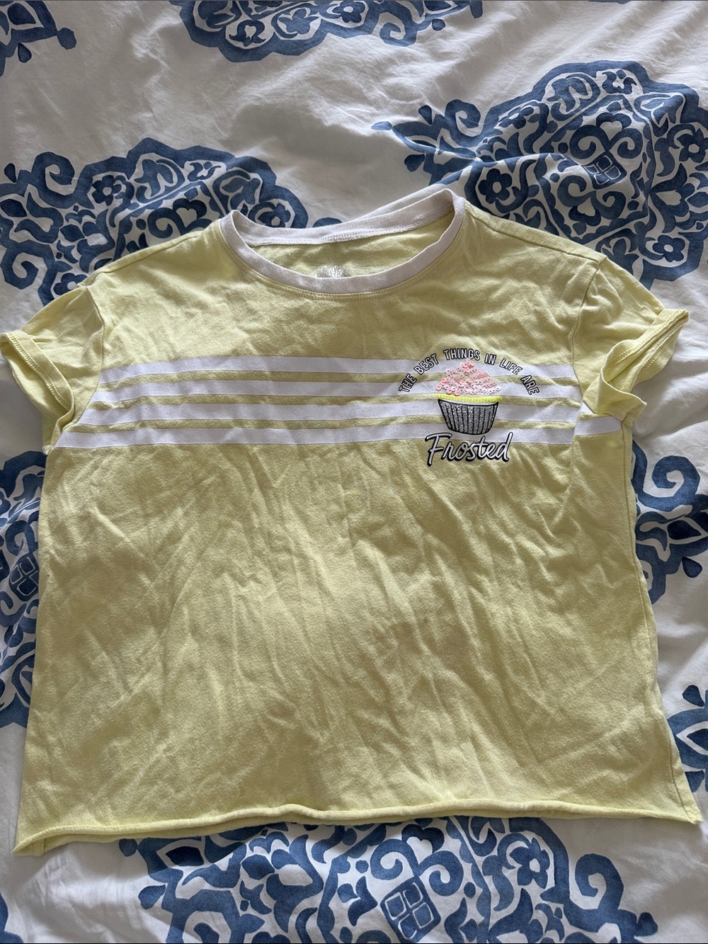 Justice Yellow Cupcake Graphic Tee with White Stripes